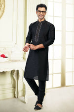 Thumbnail for Raivat Ethnic Jacquard Banarasi Silk Thread Work Kurta Pajama In Black Colour - Distacart