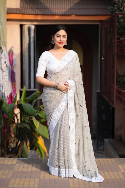 Grey Poly Georgette Ethnic Motifs Saree with Unstitched Blouse - A2M - Distacart