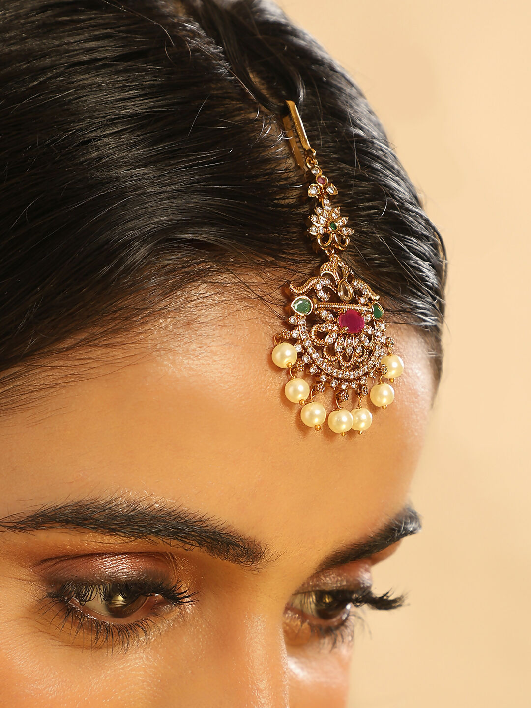 Nuyug 18K Gold Plated Ethereal Gulabi Stone Maang Tikka