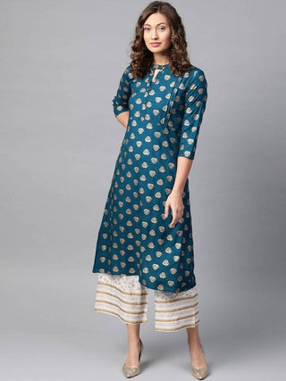 Anubhutee Teal Blue & Off-White Foil Print Kurta with Palazzos - Distacart