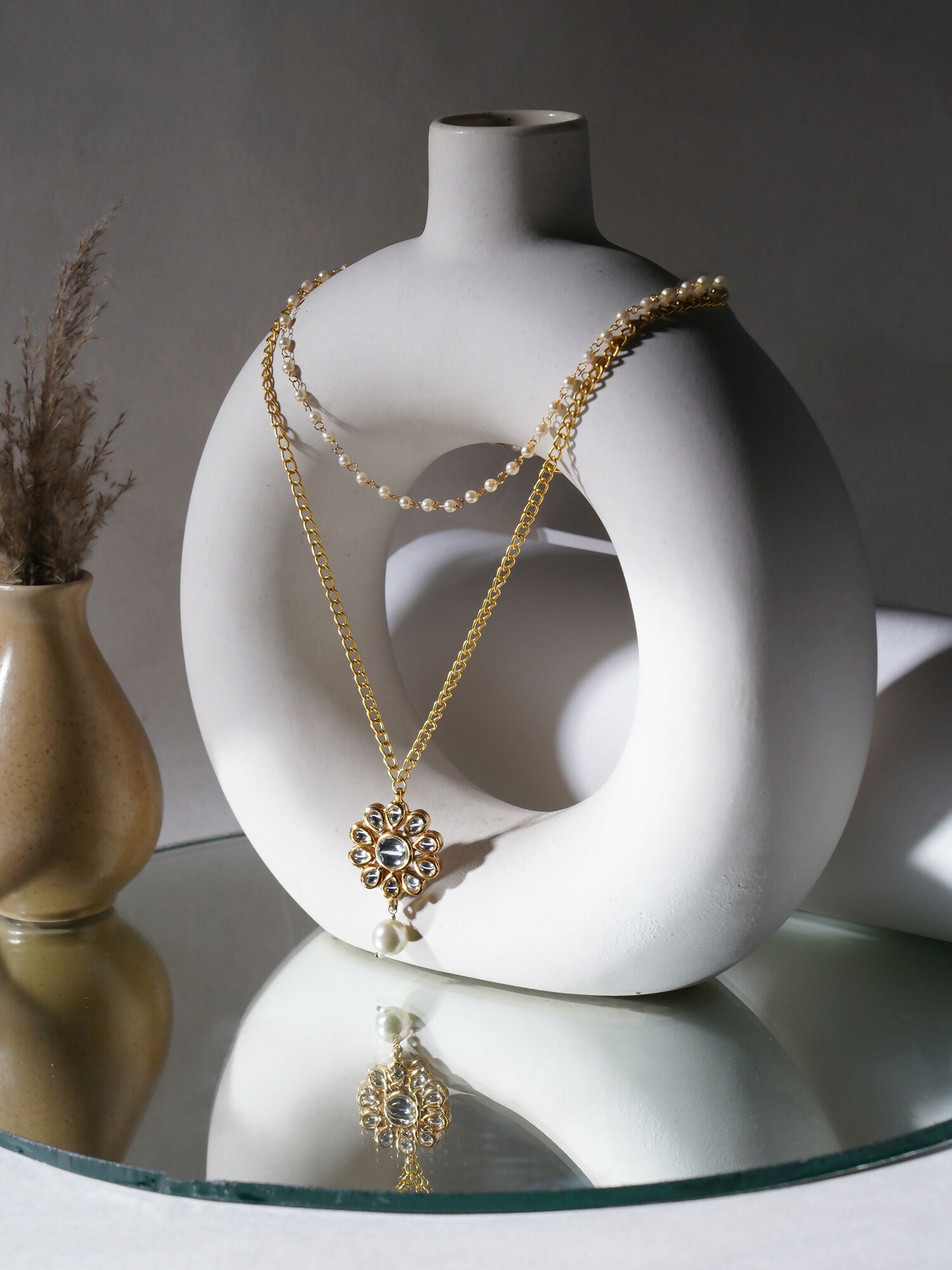 Layered Kundan and Pearl Gold Neckpiece (gold) - Ruby Raang - Distacart