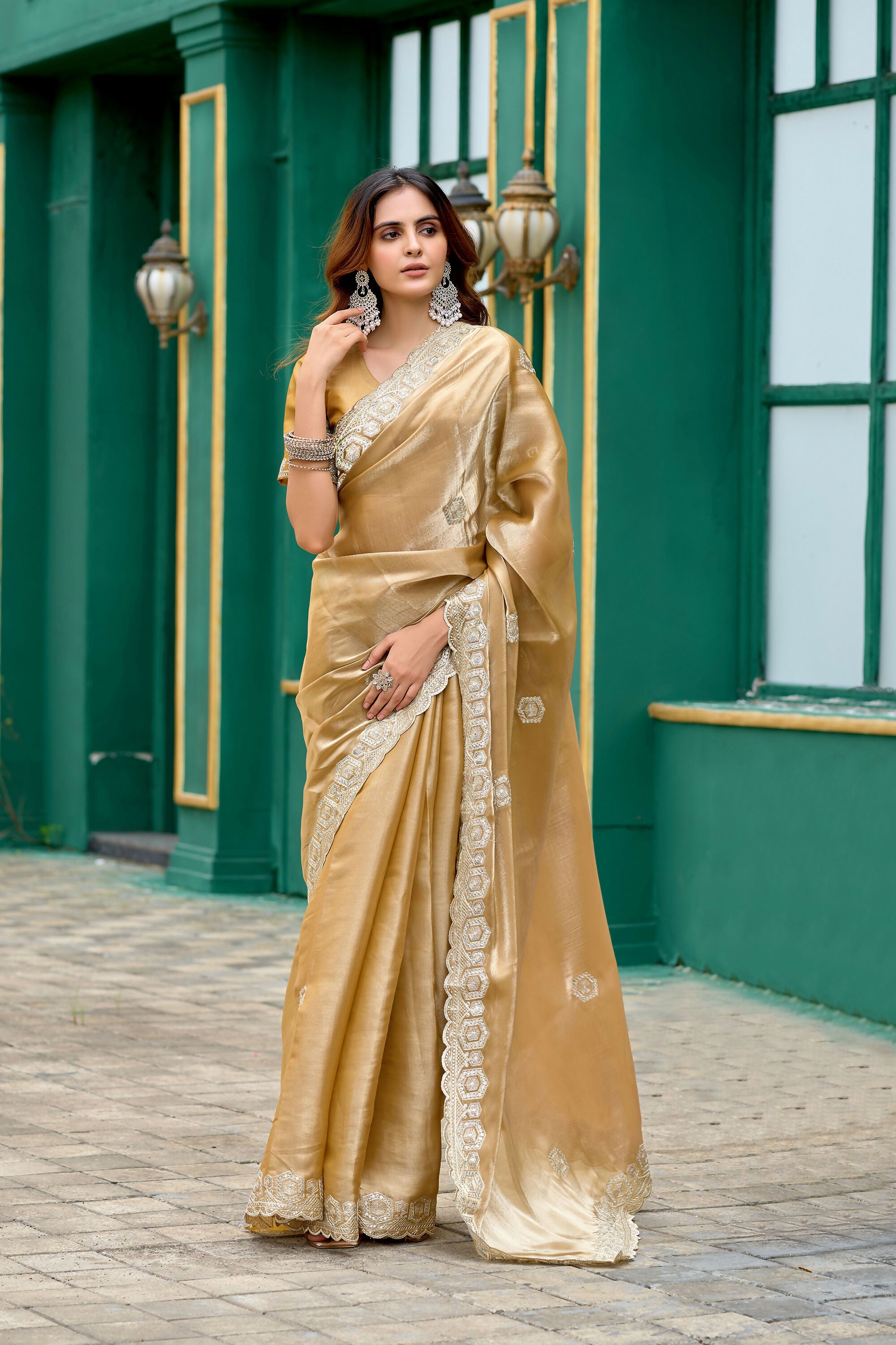 Vastranavya Beige Embroidery Work Shimmer Chiffon Saree with Unstitched Blouse