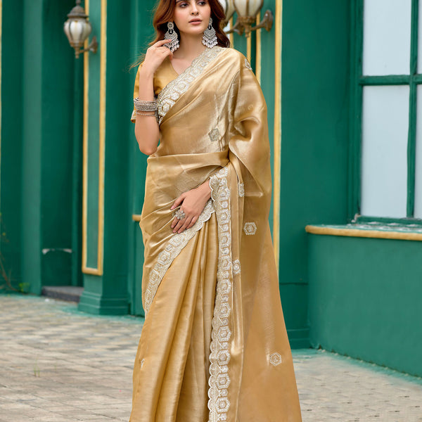 Vastranavya Beige Embroidery Work Shimmer Chiffon Saree with Unstitched Blouse