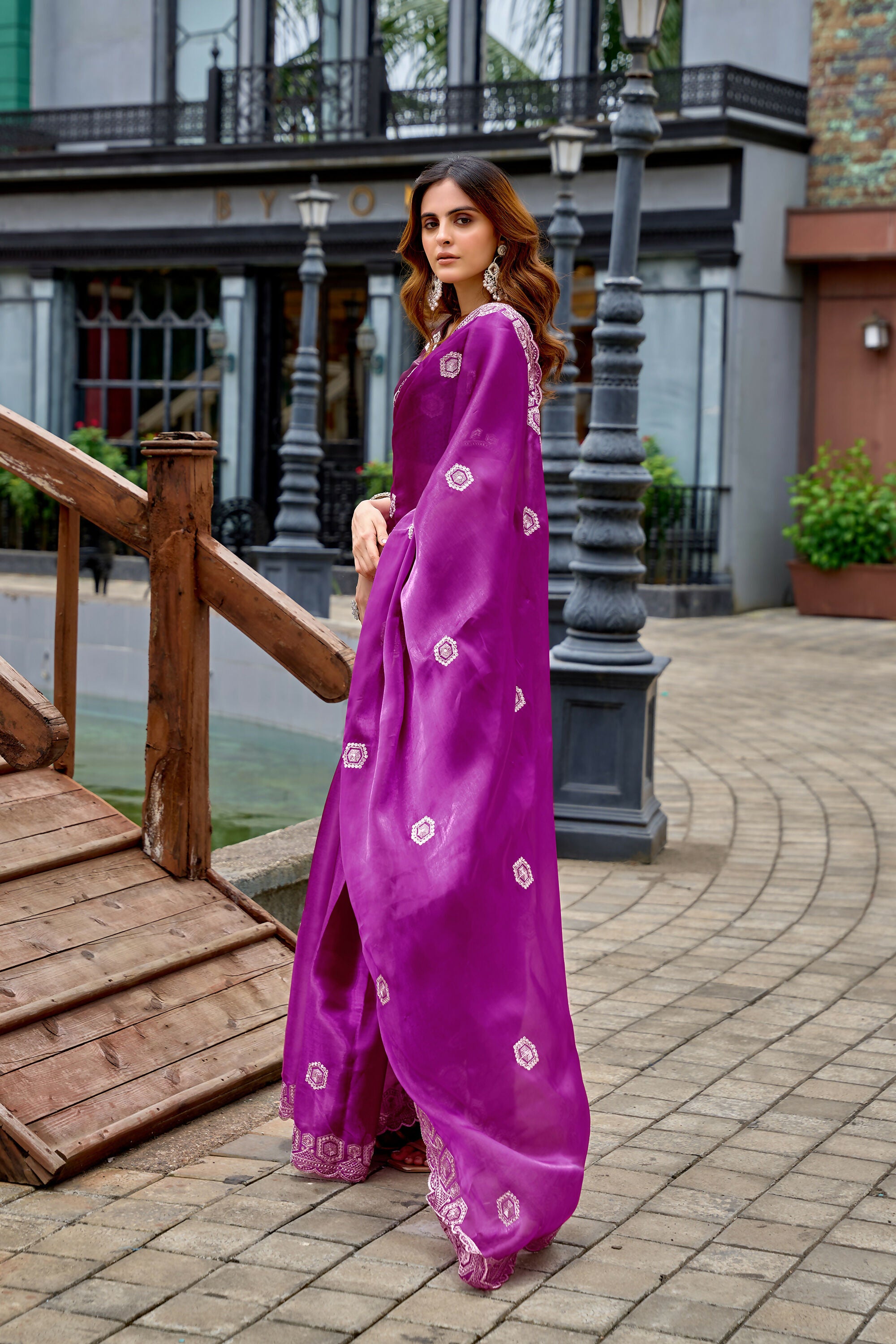 Vastranavya Purple Embroidery Work Shimmer Chiffon Saree with Unstitched Blouse