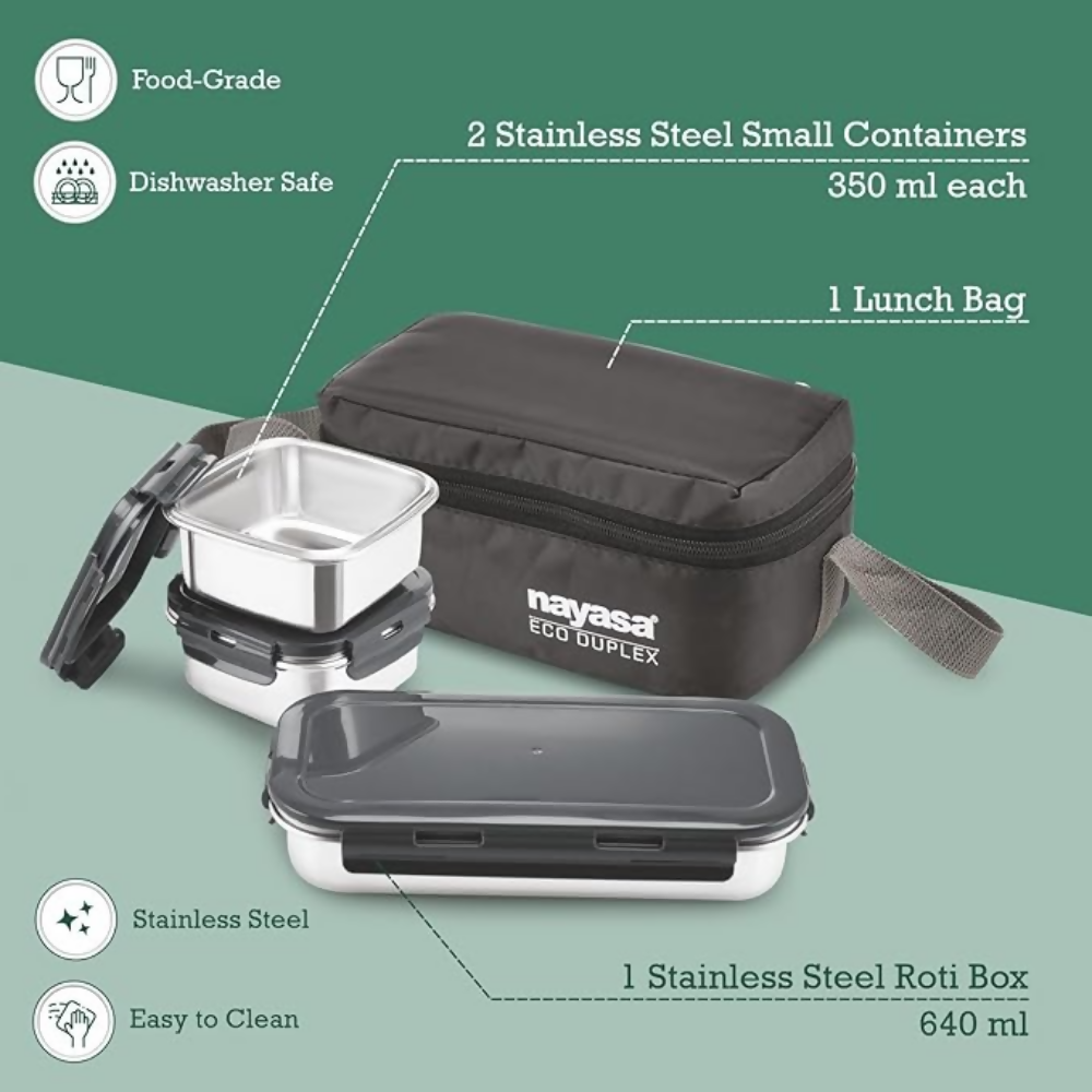 Nayasa Eco Duplex 3 Stainless Steel Office Lunch Box Set with Soft Insulated Bag - Dista