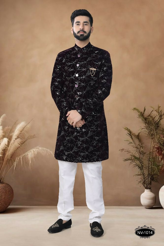 Joban Fashion Men's Wine Straight Velvet Thread & Sequence Embroidery All Over Indo-Western Kurta Set - Distacart