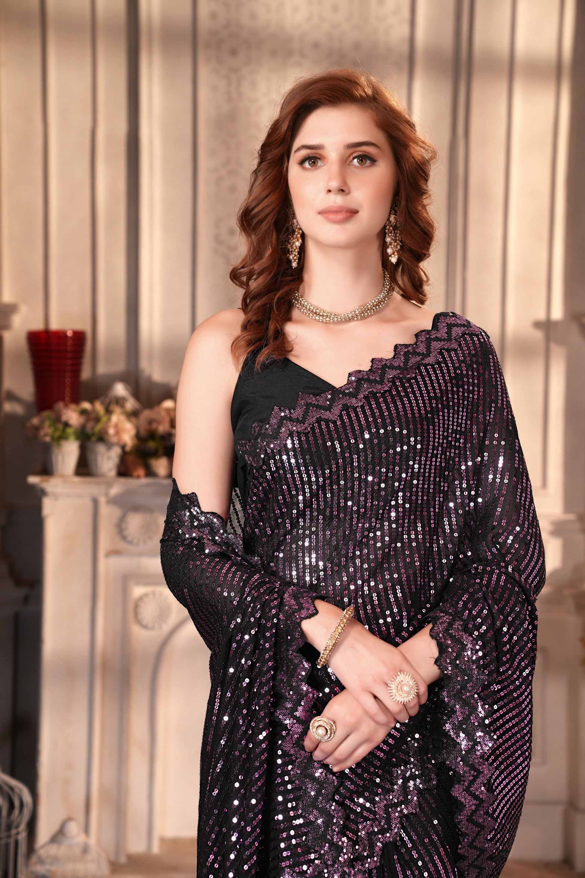 Dishitha Creation Indian Women's Designer Georgette Sequence Saree - Purple - Distacart