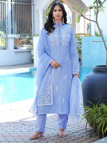 Nikhaar Light Purple Embroidered Modal Silk Stitched Straight Cut Kurta Pants Dupatta Readymade Suit - Dista