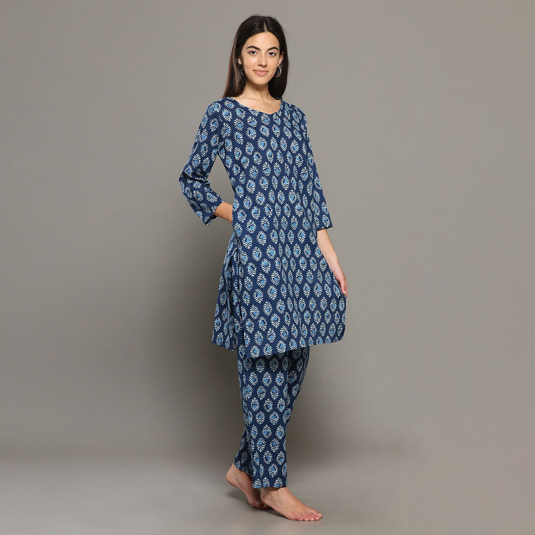 Breathables Blue Women Cotton Printed Loungewear Kurta And Pants Co-Ord Set I Night Wear | Butta Print - Dista