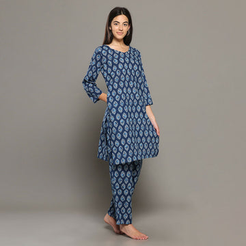 Breathables Blue Women Cotton Printed Loungewear Kurta And Pants Co-Ord Set I Night Wear | Butta Print - Dista