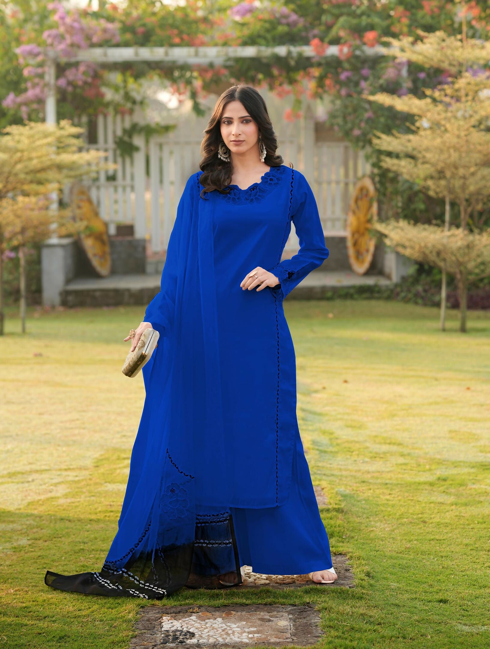 Nikhaar Royal Blue Embroidered Art Silk Stitched Straight Cut Kurta Palazzo Dupatta Readymade Suit - Dista
