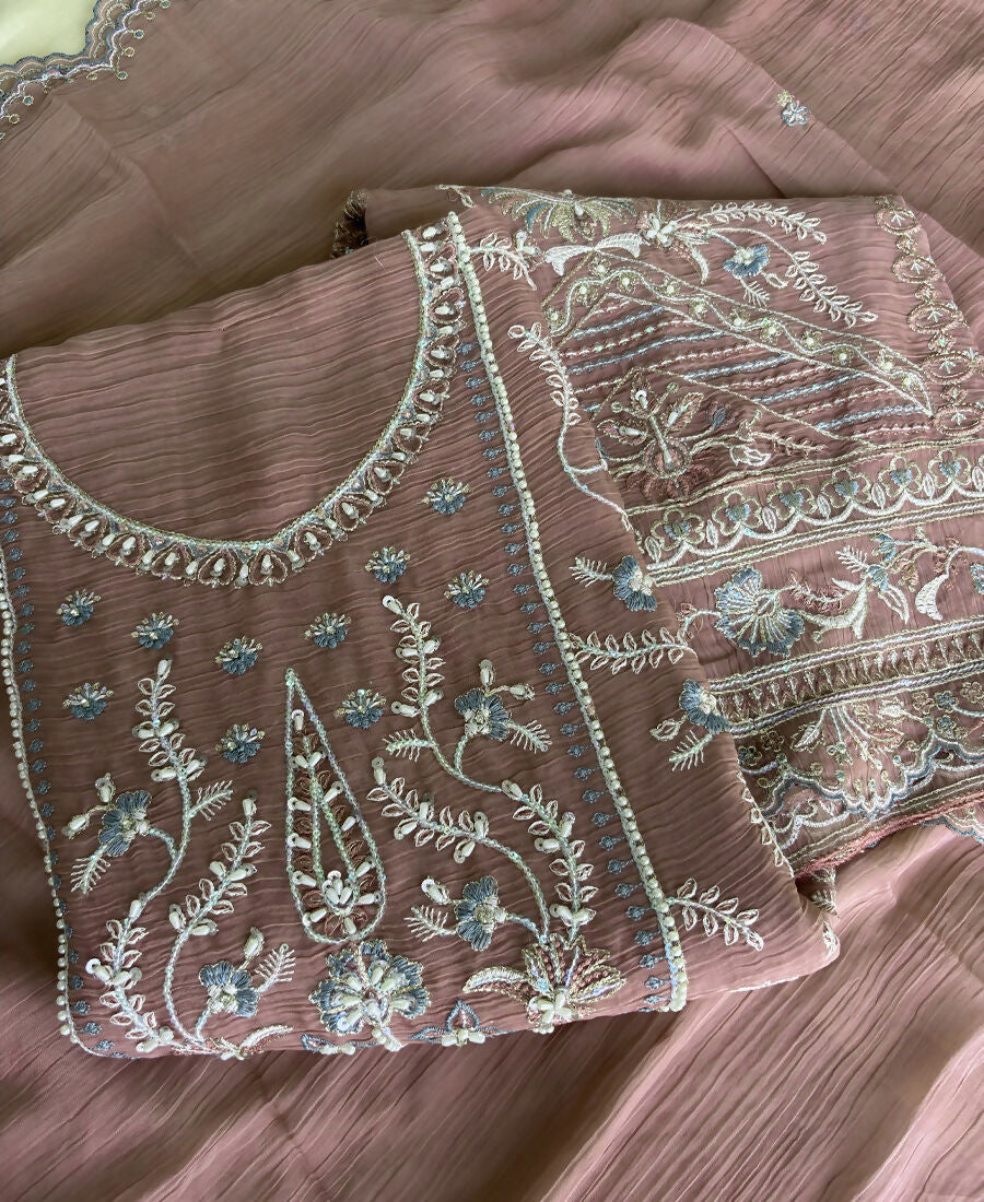 KC Beautiful Peach Chiffon Silk Hand Embroidery Suit For Women - Dista