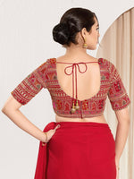 Thumbnail for Joban Fashion Red Brocade Padded Blouse With Sweetheart Neck Elbow Sleeves - Distacart