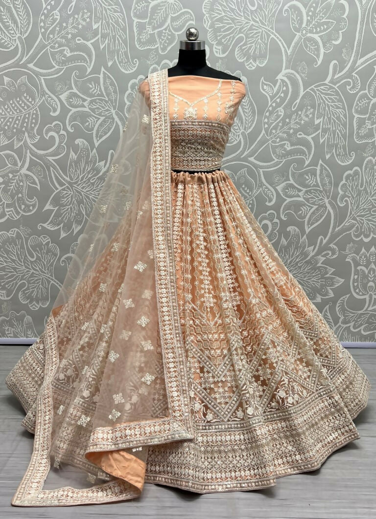 Jyoti Fashion Women's Peach Net Patterned Thread Embroidered with Sequins Wedding Lehenga Choli - Distacart