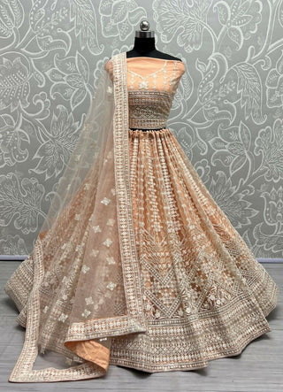 Jyoti Fashion Women's Peach Net Patterned Thread Embroidered with Sequins Wedding Lehenga Choli - Distacart