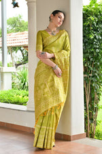 Thumbnail for Vishnu Weaves Women's Mahendi Handloom Raw Silk Thread Weaving Saree with Blouse