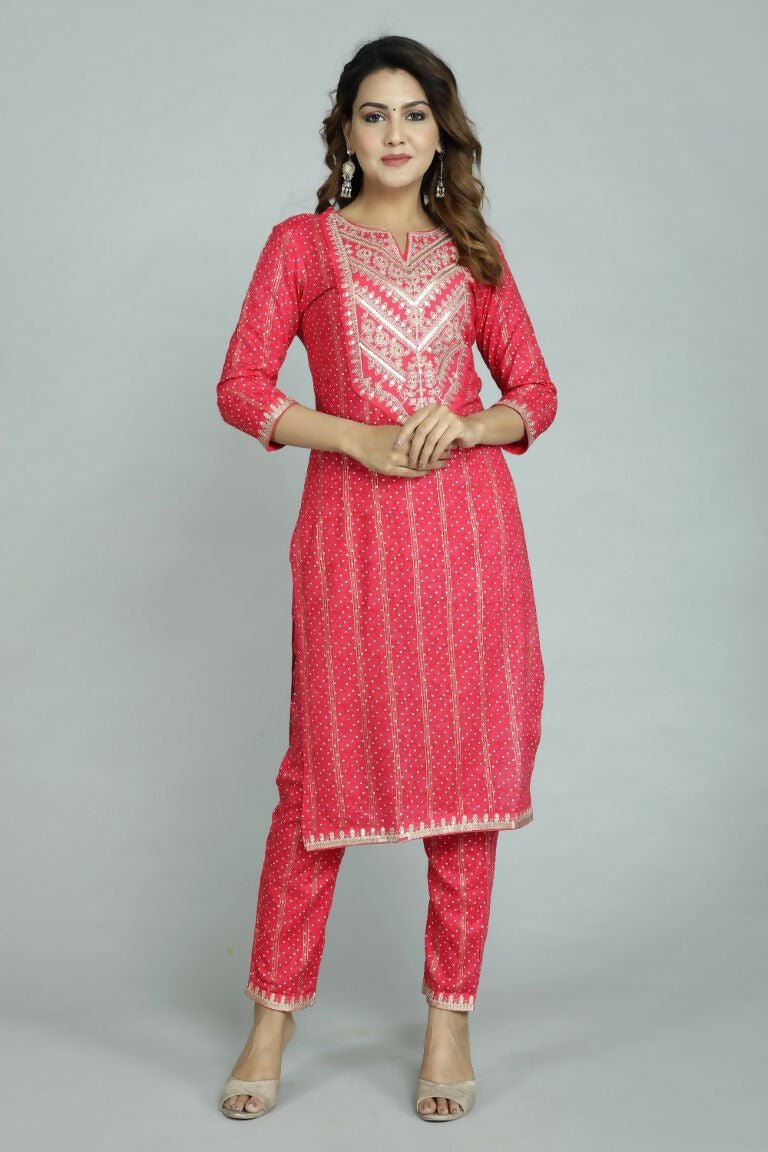 Alvano Beautiful Embroidery Print Straight Kurti with Pant and Dupatta set for Women and Girls Rayon - Distacart