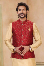Thumbnail for Raivat Ethnic Jacquard Banarasi Silk Woven Work 3 Pics Jacket Set In Maroon Colour - Distacart