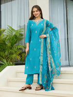 Thumbnail for The52 Blue Women's Gorgeous Viscose Fabric Embroidered Work Straight Kurta, Pant and Dupatta Set - Distacart