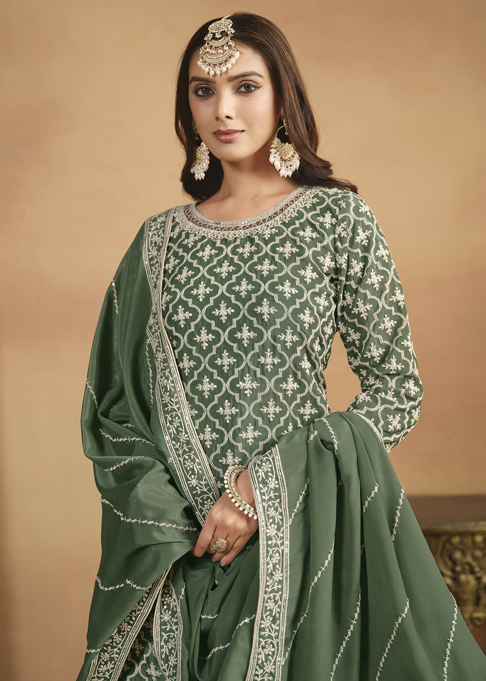 Chinnon Green Multicolor Embroidered Lehenga Style Suit - Emponline - Distacart