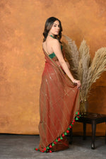 Thumbnail for Very Much Indian Designer Mul Cotton Handloom Saree with Sequins - Dual Tone Red Green - Distacart