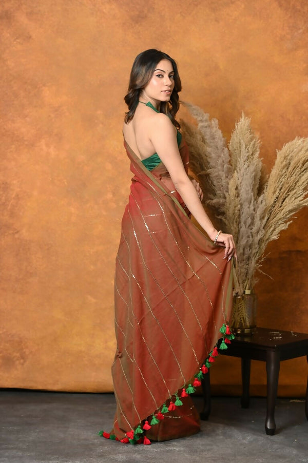 Very Much Indian Designer Mul Cotton Handloom Saree with Sequins - Dual Tone Red Green - Distacart