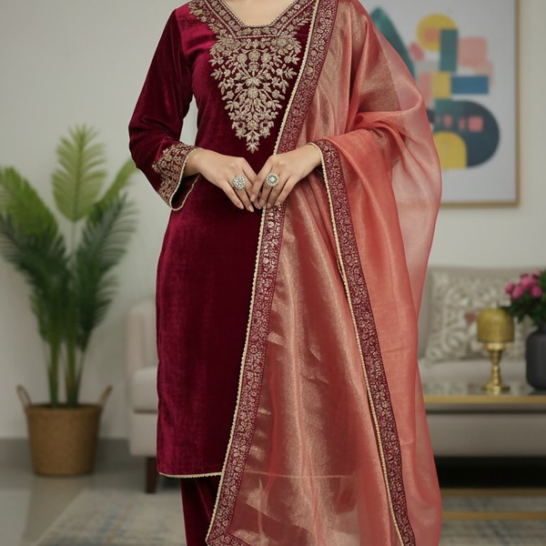 Teeya Creation Red Color Velvet Designer Embroidery Work party Wear Suit - Distacart