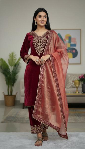 Teeya Creation Red Color Velvet Designer Embroidery Work party Wear Suit