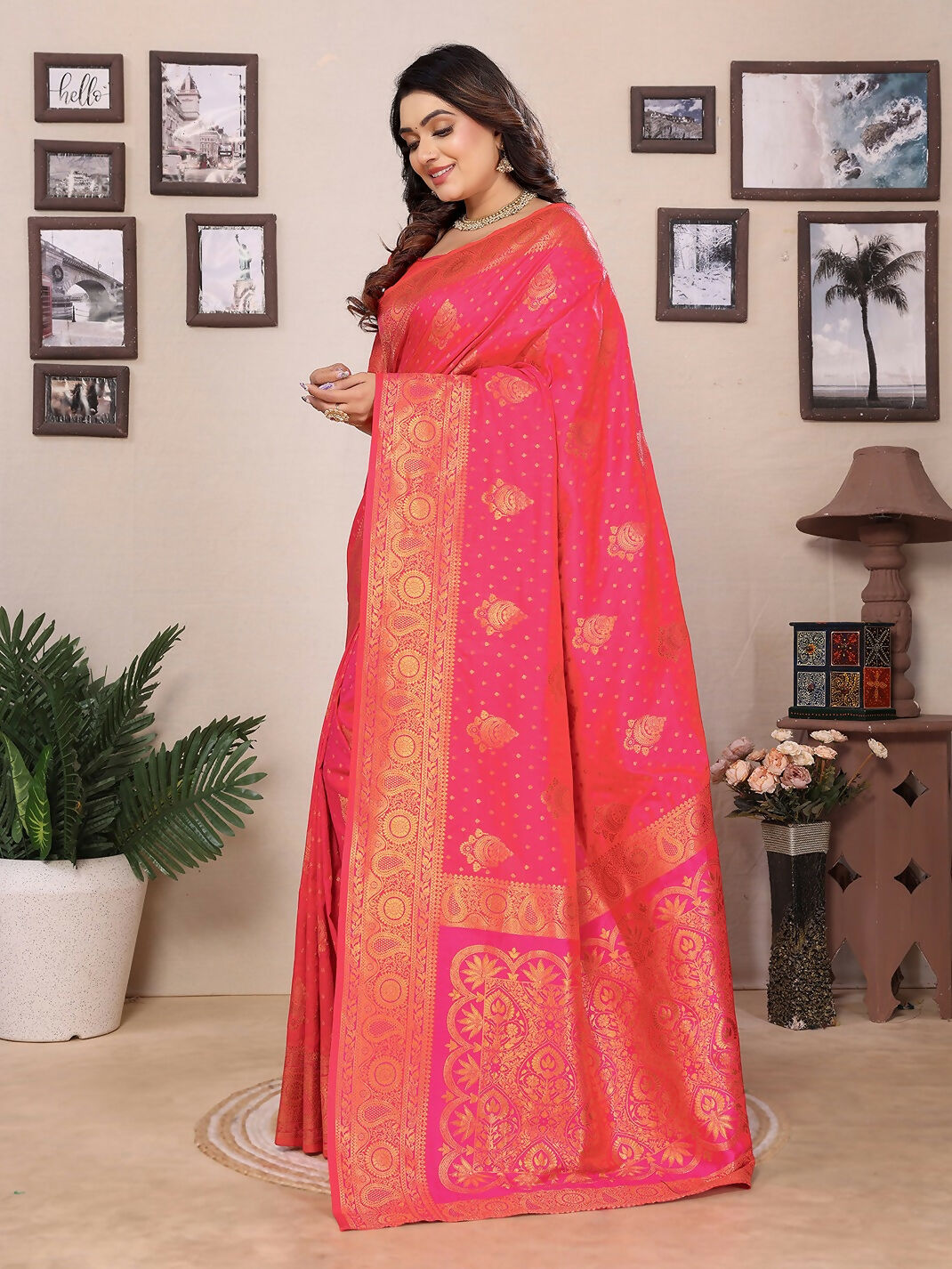 Joban Fashion Banarasi Pink Woven Soft Silk Saree