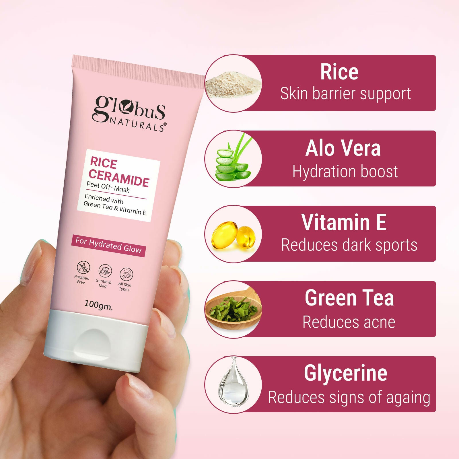 Globus Naturals Rice Ceramide Peel Off Mask, For Hydrated Glow Skin