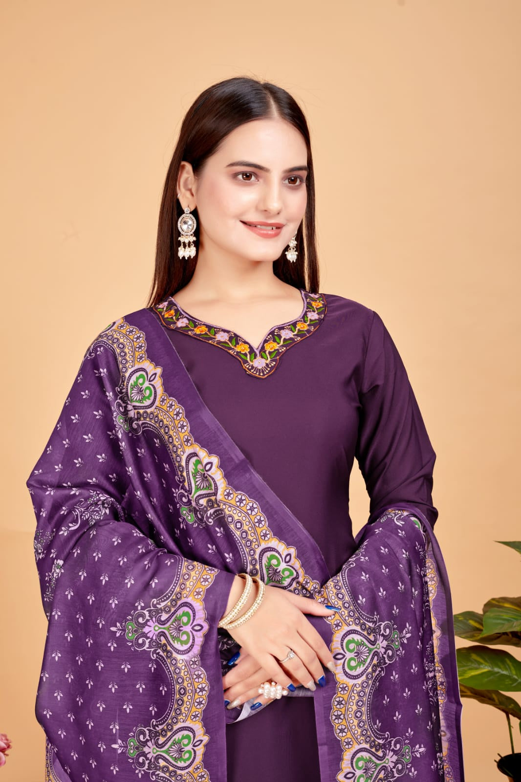 Women's Embroidered Purple Kurta Set with Dupatta Set - A2M - Distacart