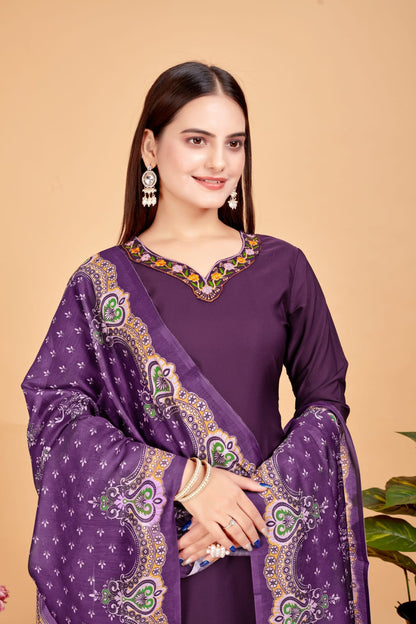 Women's Embroidered Purple Kurta Set with Dupatta Set - A2M - Distacart