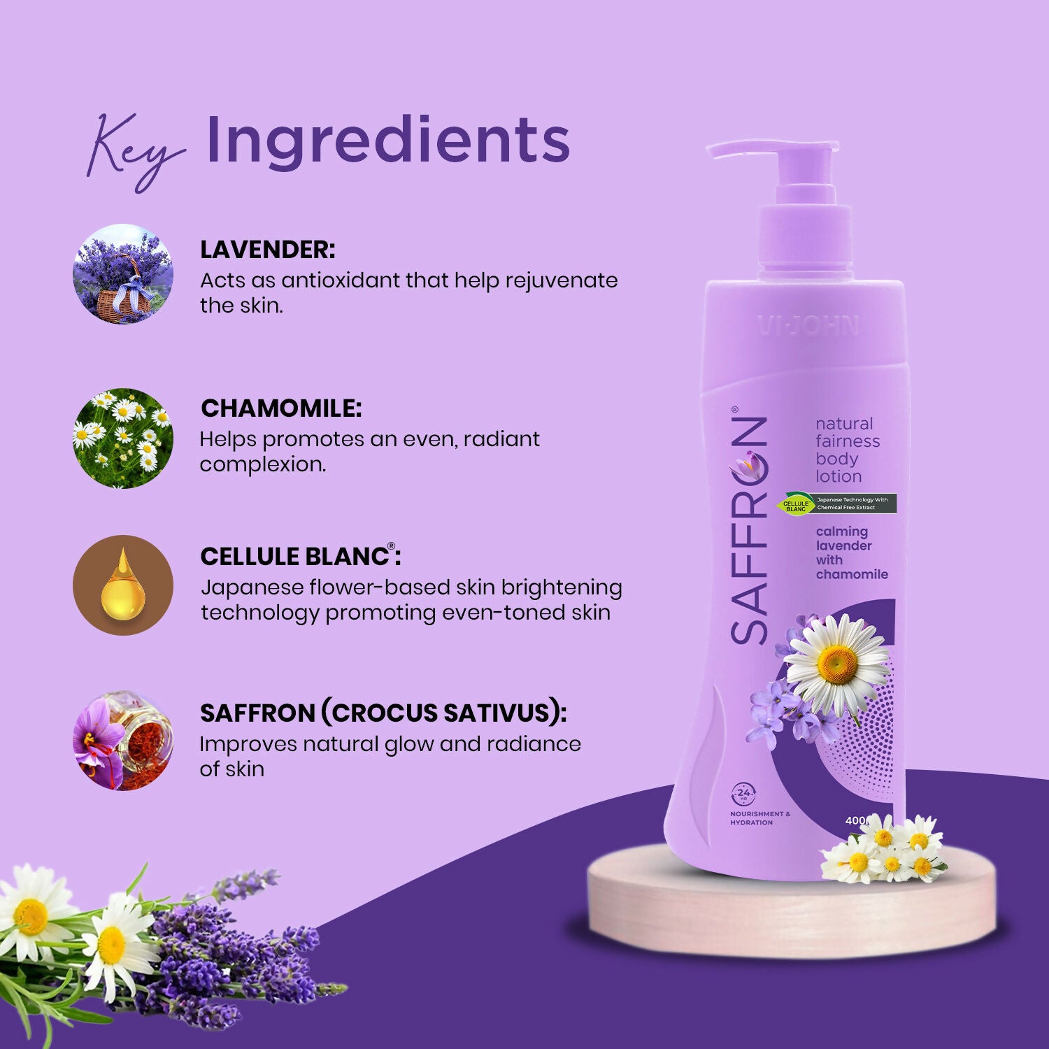 VI-JOHN Saffron Natural Fairness Body Lotion Calming Lavender with Chamomile Natural Moisturiser For Soft, Even-Toned & Radiant Skin Suitable for All Skin Types - Distacart