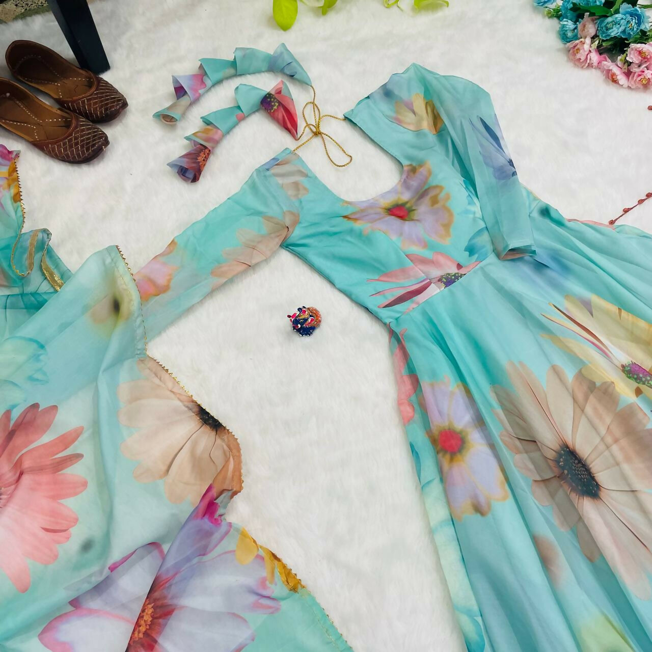 Preksha Creation Presenting By New Party Wear Look Organza Tabby Silk Gown With Dupatta - Sky Blue - Distacart