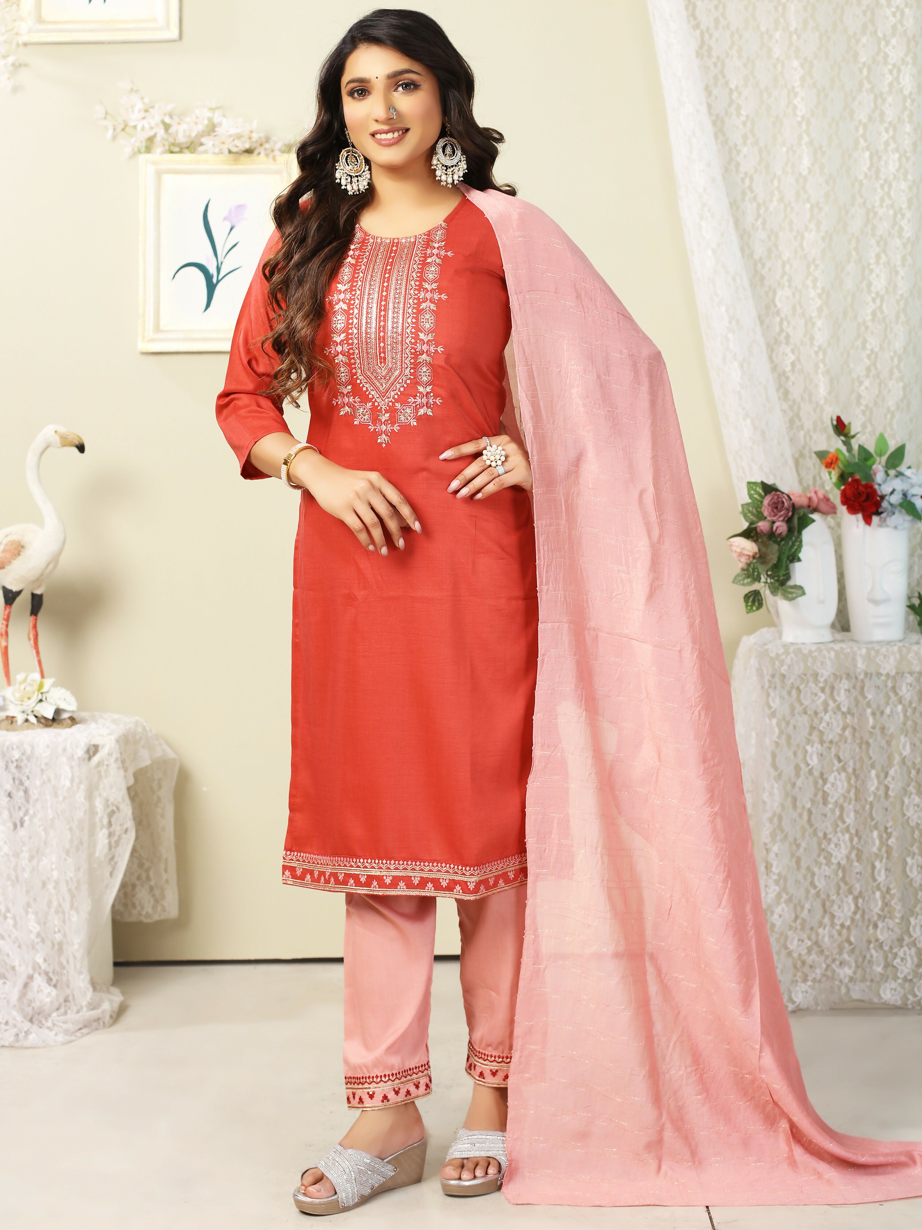 Vamika Chinon Embroidery Orange Party Wear/Casual Wear/Office Wear Kurta Set/Suit - Distacart