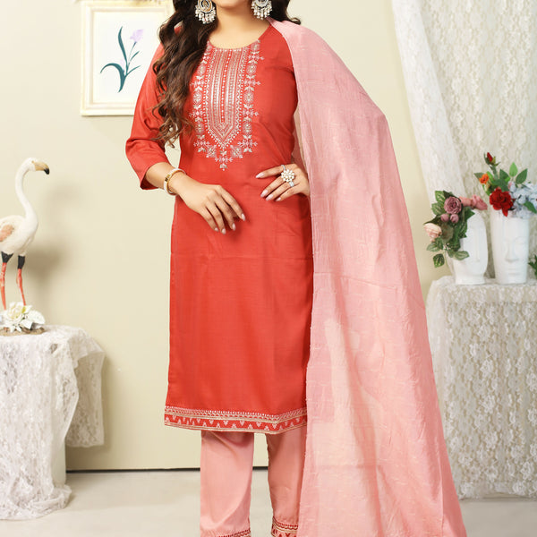 Vamika Chinon Embroidery Orange Party Wear/Casual Wear/Office Wear Kurta Set/Suit - Distacart