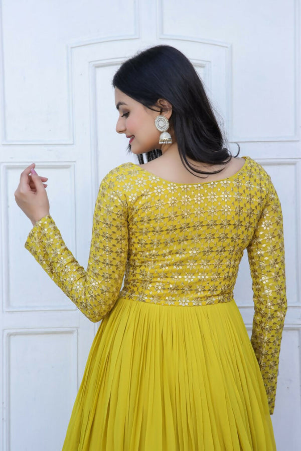 Jyoti Fashion Women's Yellow Sequence Zari Embroidered Faux Blooming Anarkali Dress - Distacart