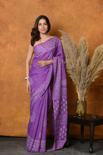 Thumbnail for Very Much Indian Handblock Printed Cotton Saree With Natural Dyes - Purple - Distacart