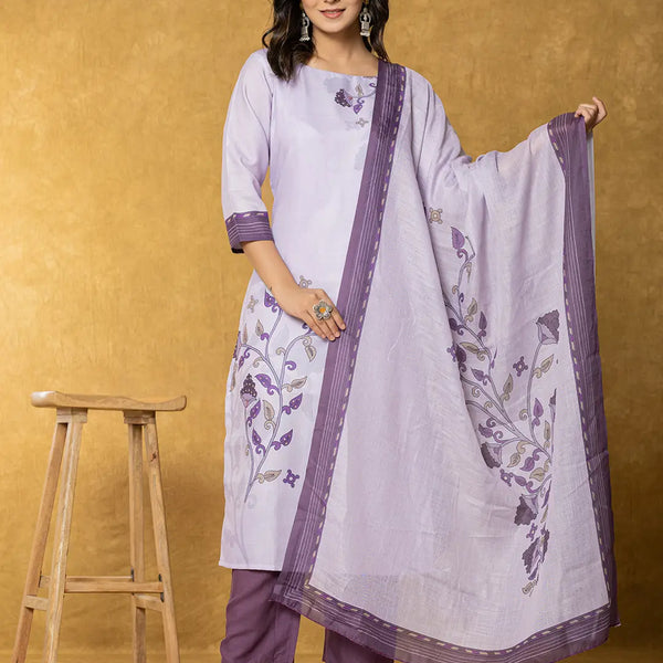 Yufta Lavender And White Linen Kurta Dupatta Pant Set - Distacart