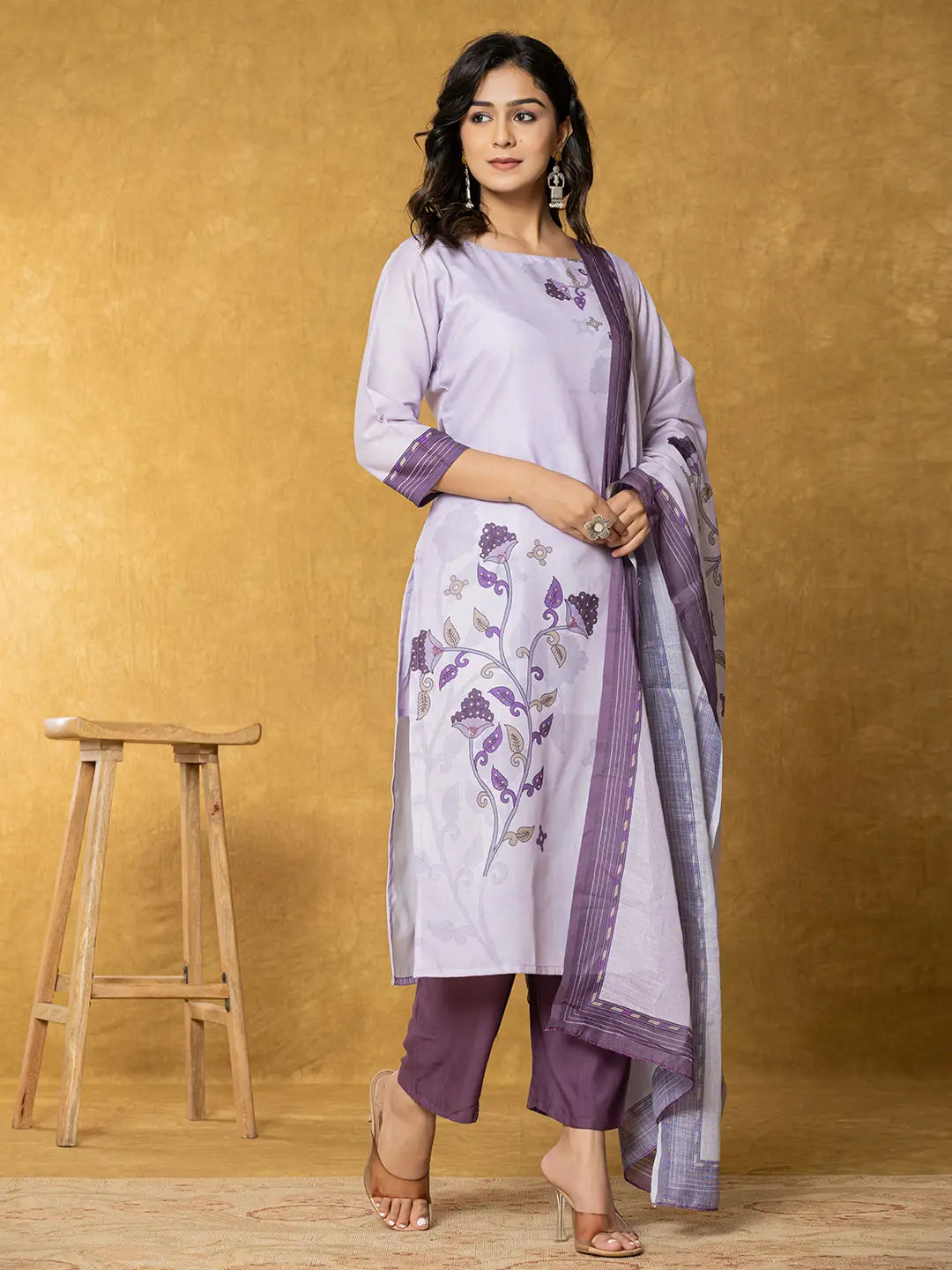 Yufta Lavender And White Linen Kurta Dupatta Pant Set