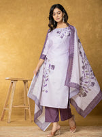 Thumbnail for Yufta Lavender And White Linen Kurta Dupatta Pant Set
