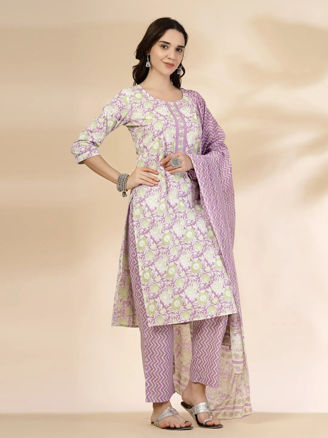 Yufta Lavender Floral Print Straight Kurta Trouser Dupatta Set - Distacart