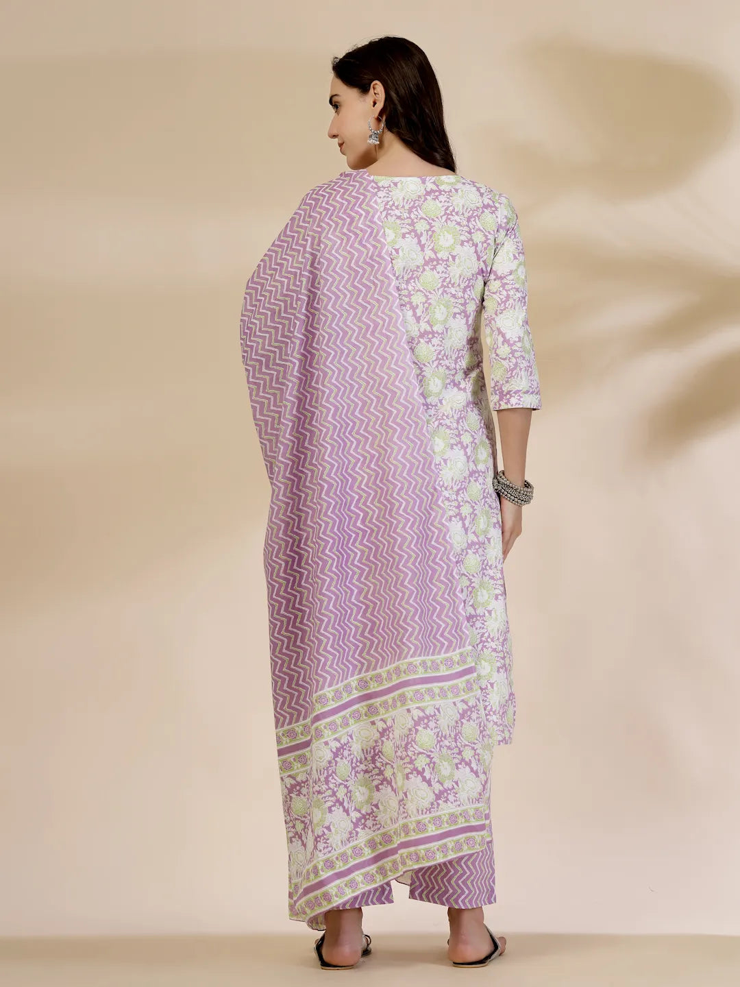 Yufta Lavender Floral Print Straight Kurta Trouser Dupatta Set