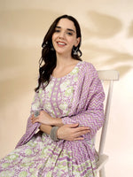 Thumbnail for Yufta Lavender Floral Print Straight Kurta Trouser Dupatta Set