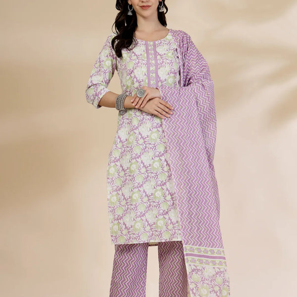 Yufta Lavender Floral Print Straight Kurta Trouser Dupatta Set - Distacart