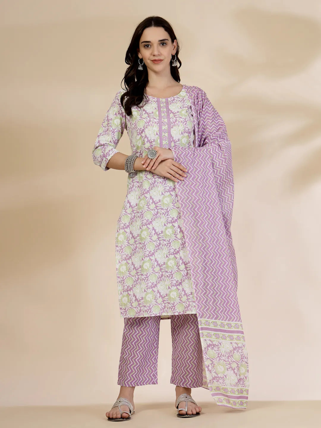 Yufta Lavender Floral Print Straight Kurta Trouser Dupatta Set - Distacart