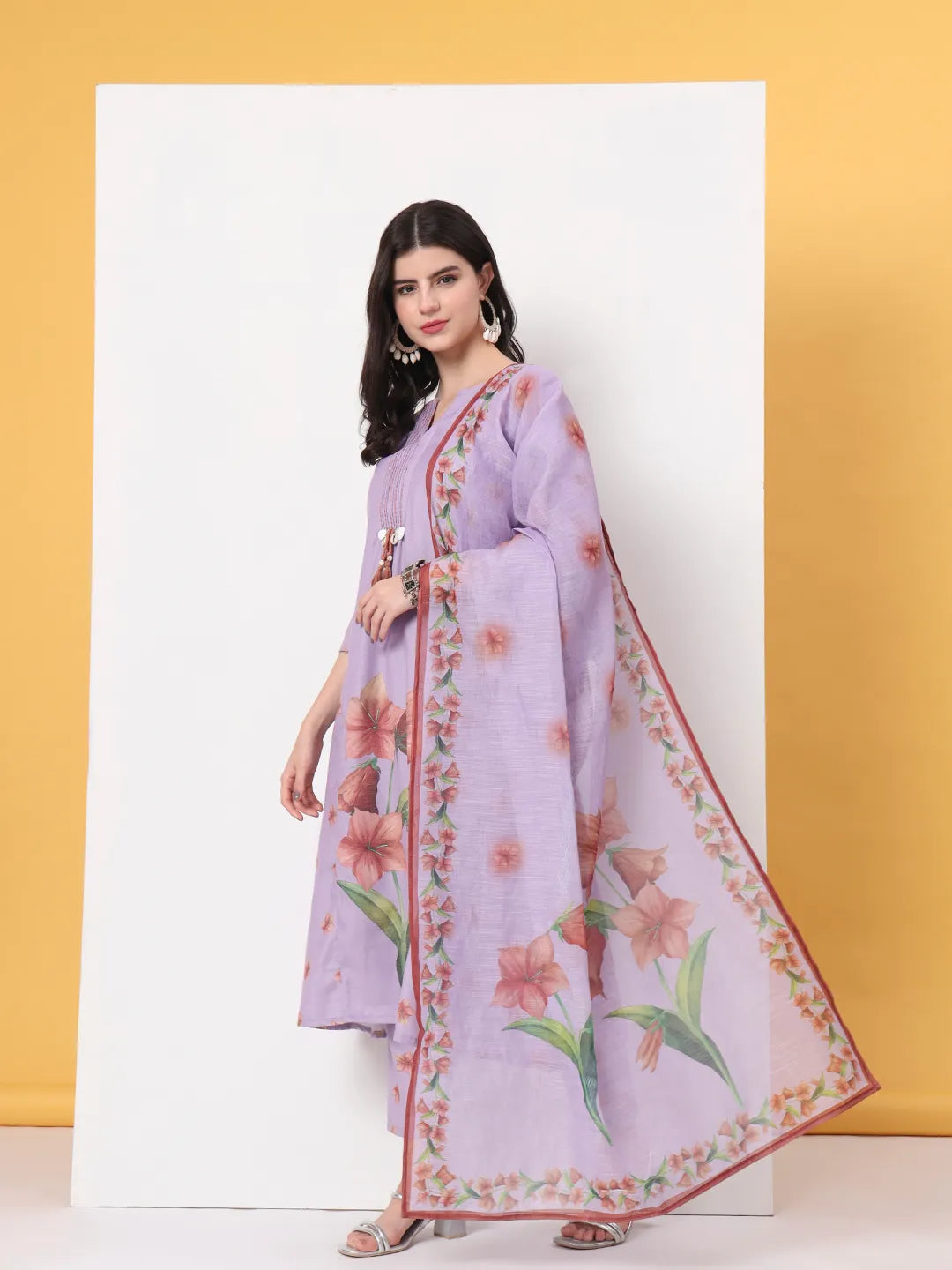 Yufta Lavender Linen Cotton A Line Kurta Dupatta Pant Set - Distacart