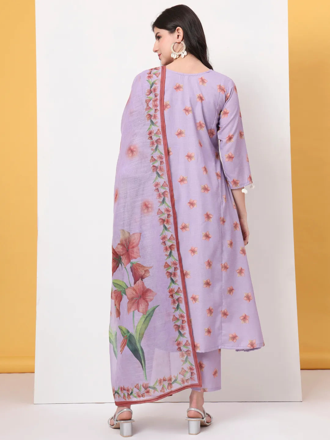 Yufta Lavender Linen Cotton A Line Kurta Dupatta Pant Set