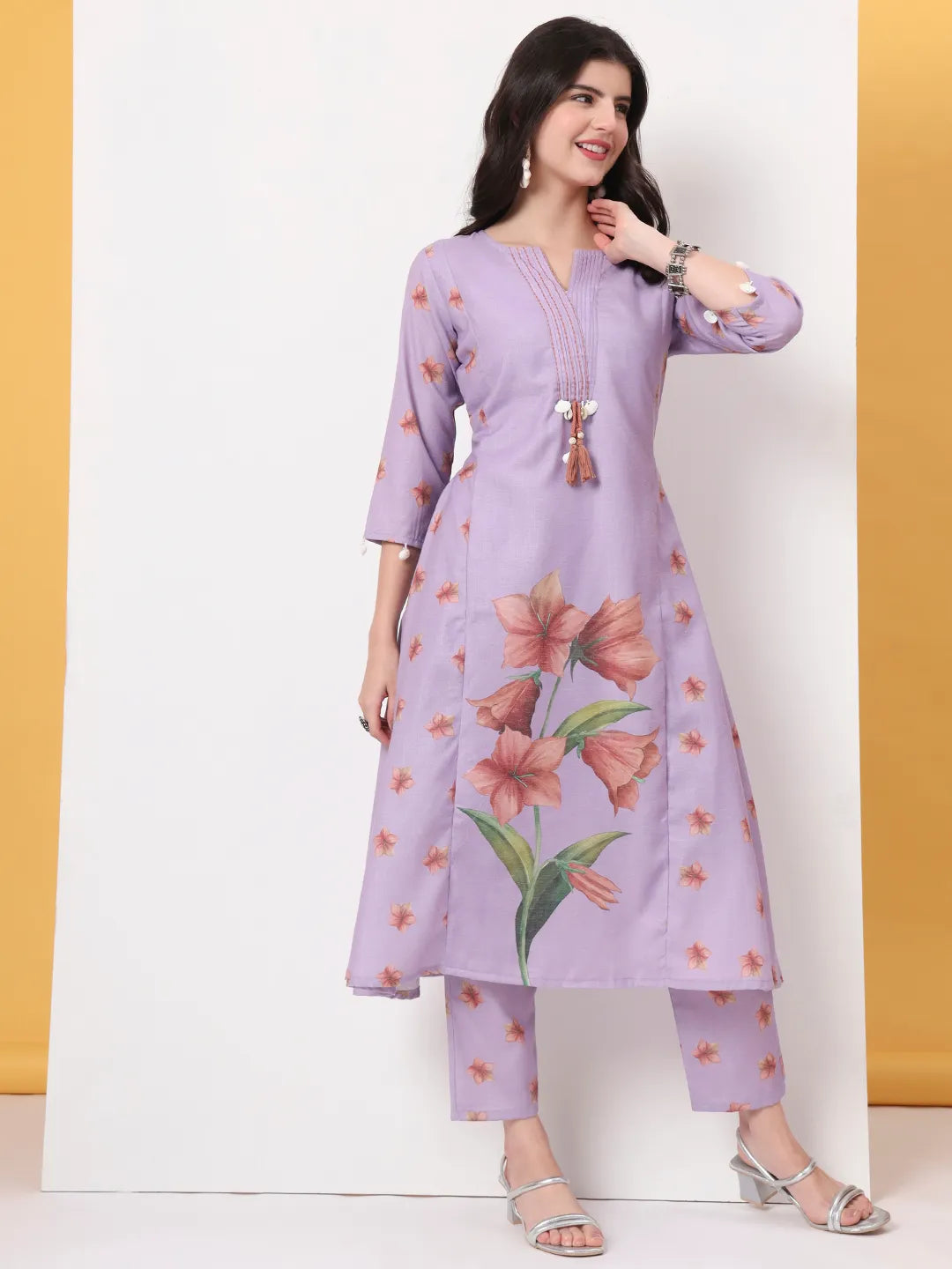 Yufta Lavender Linen Cotton A Line Kurta Dupatta Pant Set