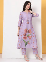 Thumbnail for Yufta Lavender Linen Cotton A Line Kurta Dupatta Pant Set